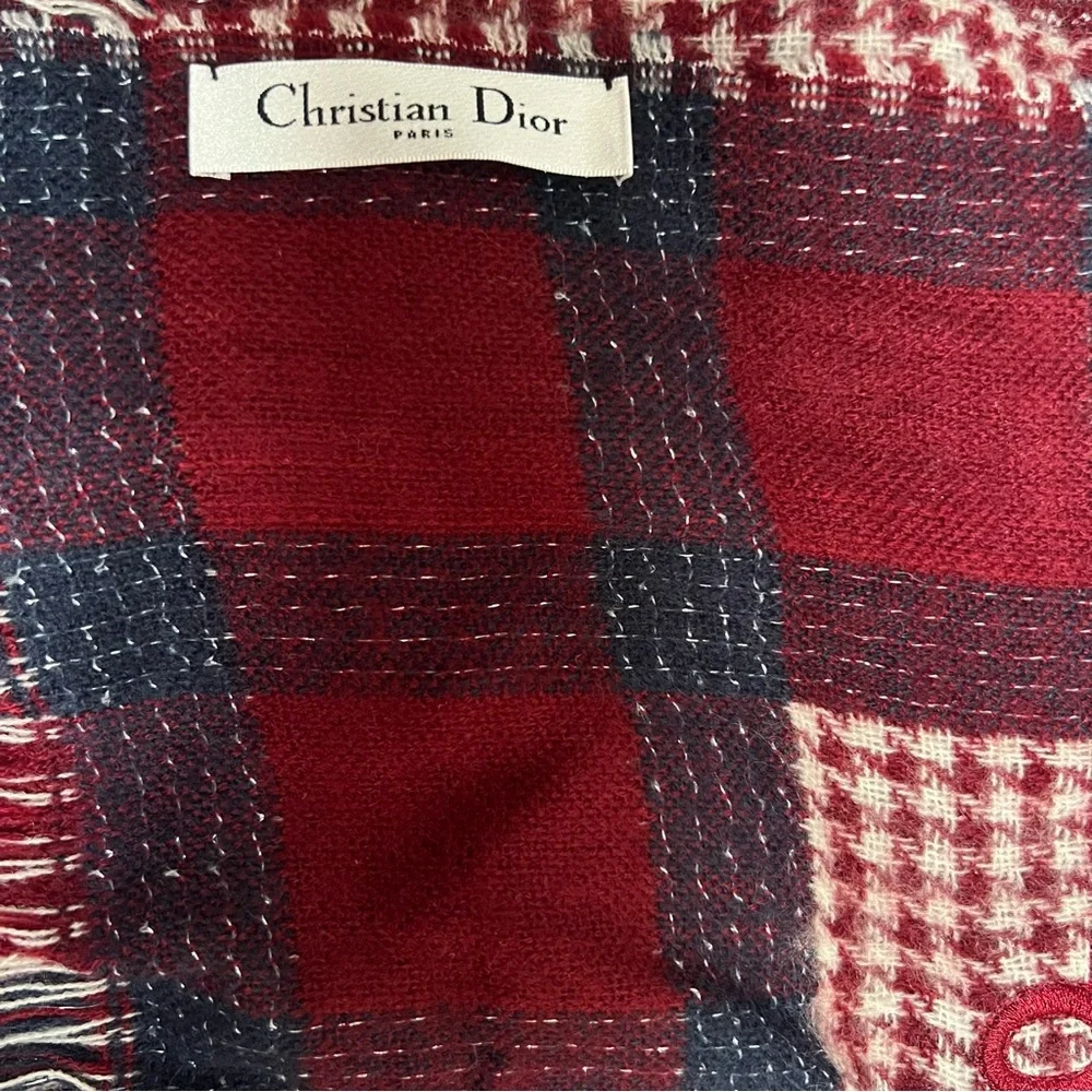 Christian Dior Vintage Soft Multicolor plaid red white and blue scarf with frill